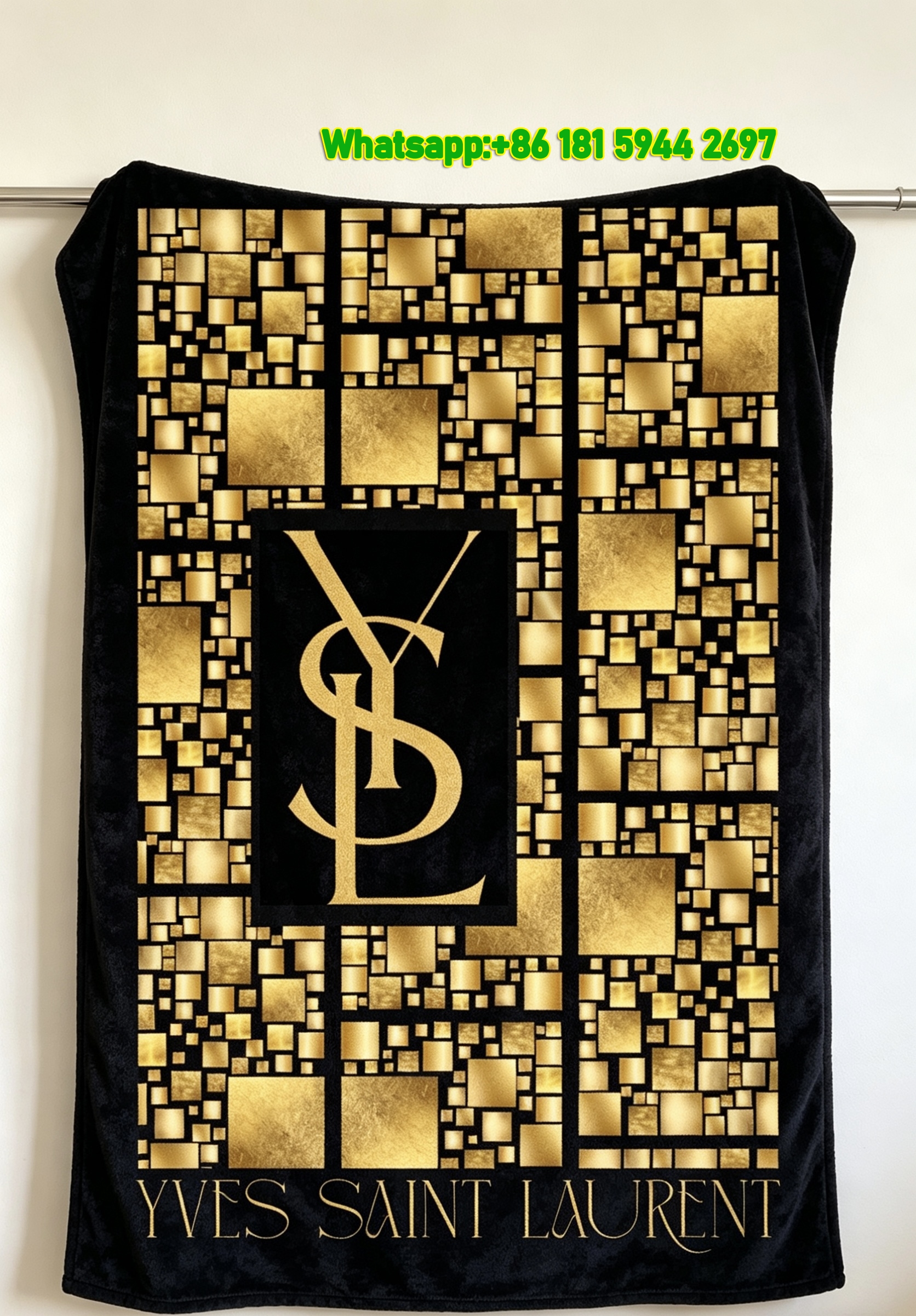 Yves Saint Laurent YSL Black and Gold Mosaic Logo Printed Fleece Throw Blanket IMG_3191